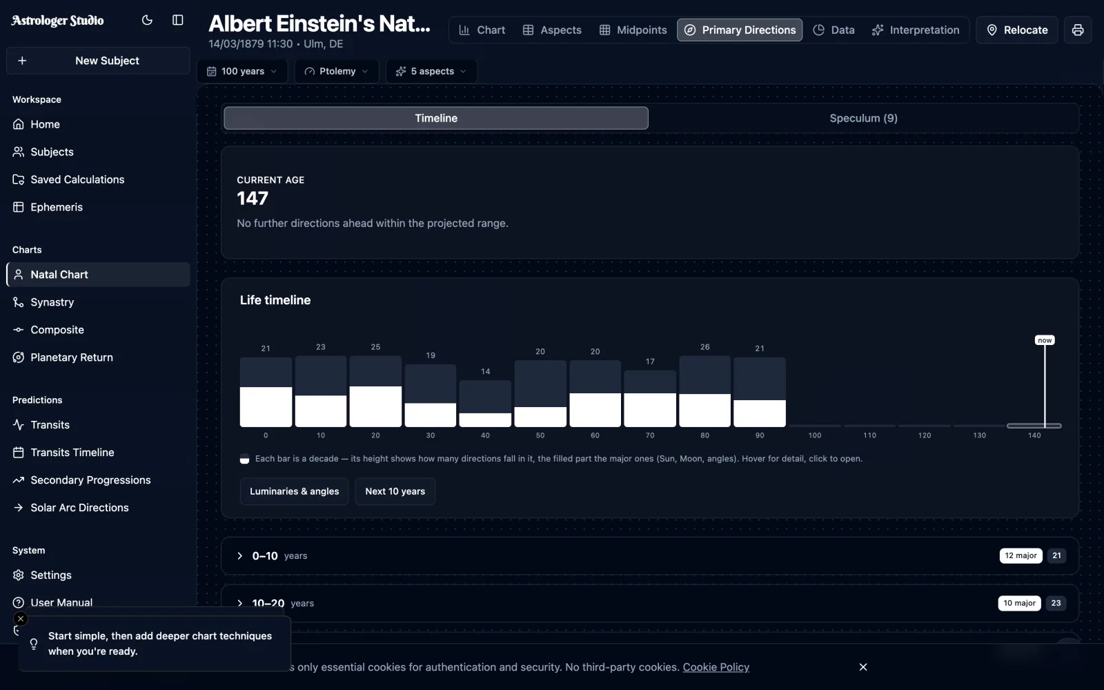 Primary Directions, as a forecast — The classical timing method, rendered as a chronological life timeline right inside the natal view — see key directions ordered by date.
