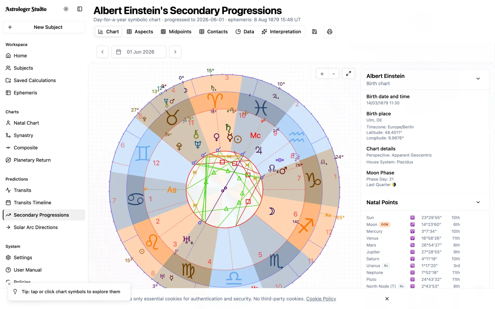 Secondary Progressions — Cast a progressed chart and read its contacts to the natal chart, with progressed aspects and midpoints and predictive orbs you control.