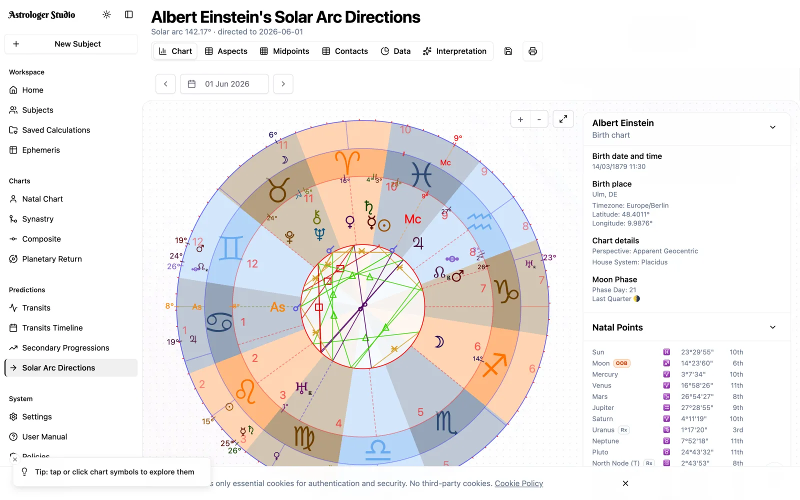 Solar Arc Directions — Direct the whole chart by solar arc and see exactly which natal points it activates, with tight predictive orbs and full aspect and midpoint tables.