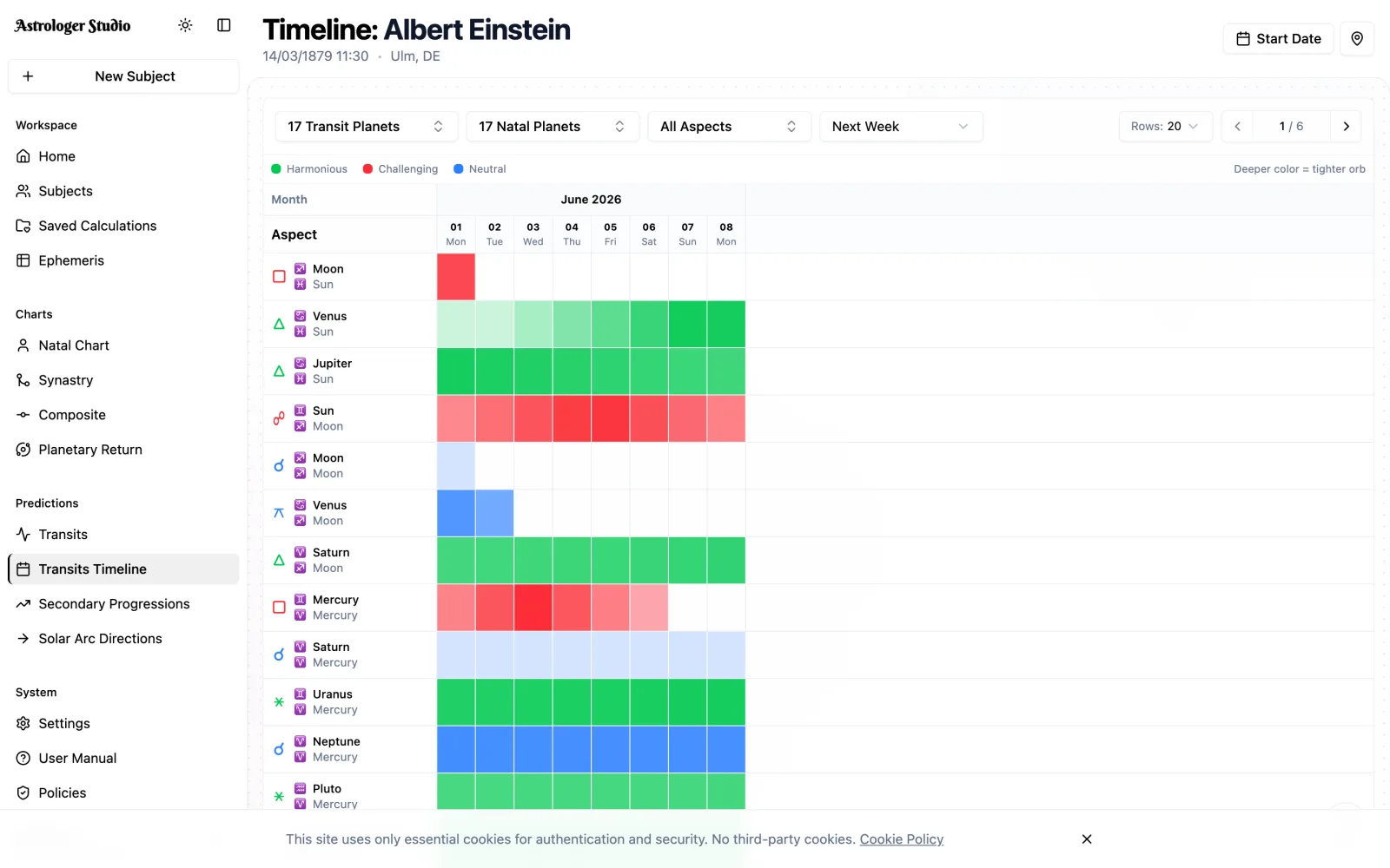Track Upcoming Transits — See exactly when transits perfect with a chronological timeline. Plan ahead with precise dates for applying and separating aspects.