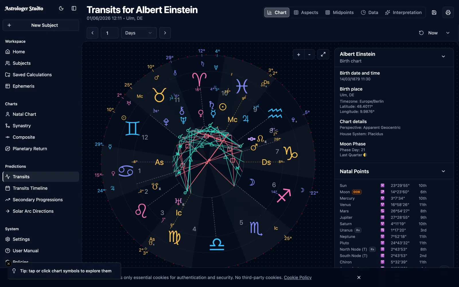 Real-Time Planetary Transits — Overlay current planetary positions on any natal chart and read timing at a glance. Aspect lines, orbs and exact contacts, recalculated instantly for any date.